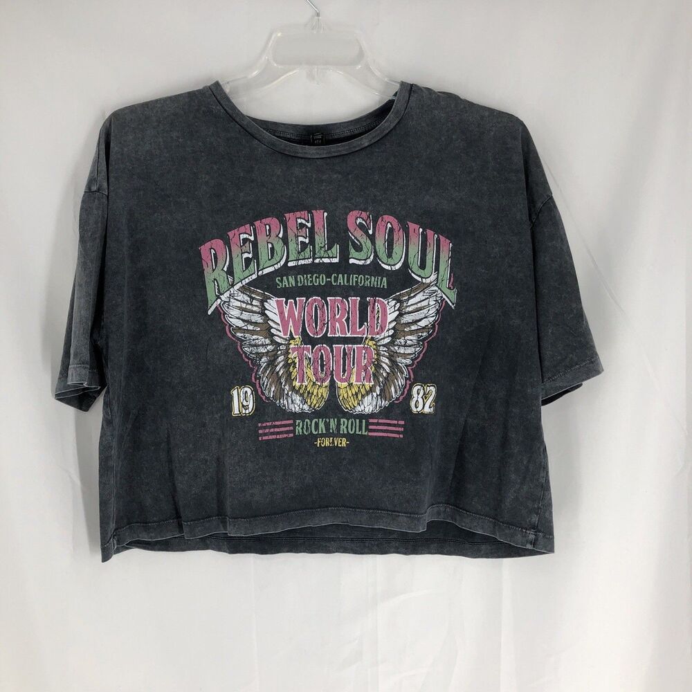 Vero Moda Rebel Soul Graphic Tee Mineral Wash Gray Small Boxy Crop XL